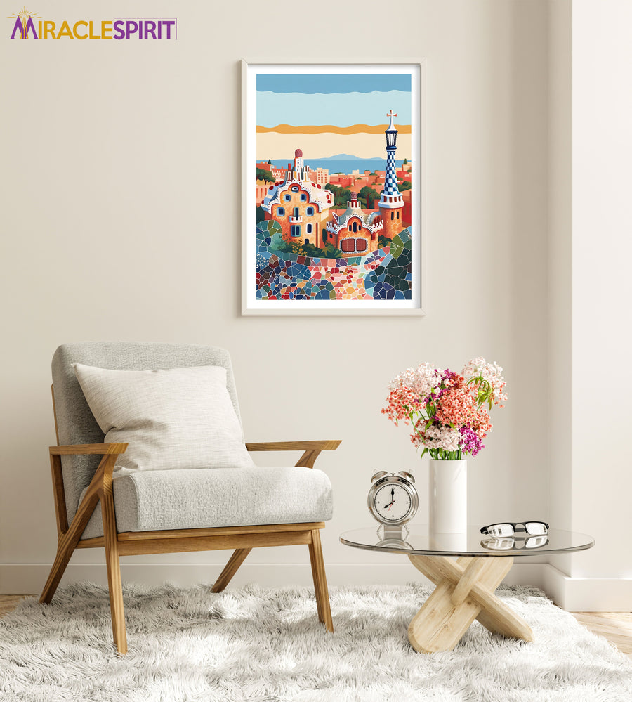 Park Guell Art Print, Travel Print, Travel Poster, Travel Gift, Housewarming Gift (UNFRAMED)