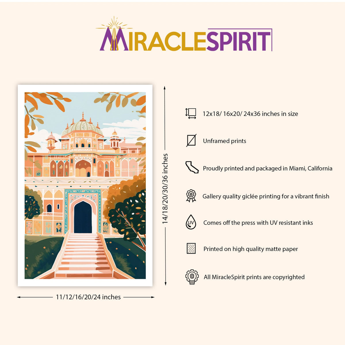 Amber Palace Jaipur Art Print, Travel Print, Travel Poster, Travel Gift, Housewarming Gift (UNFRAMED)