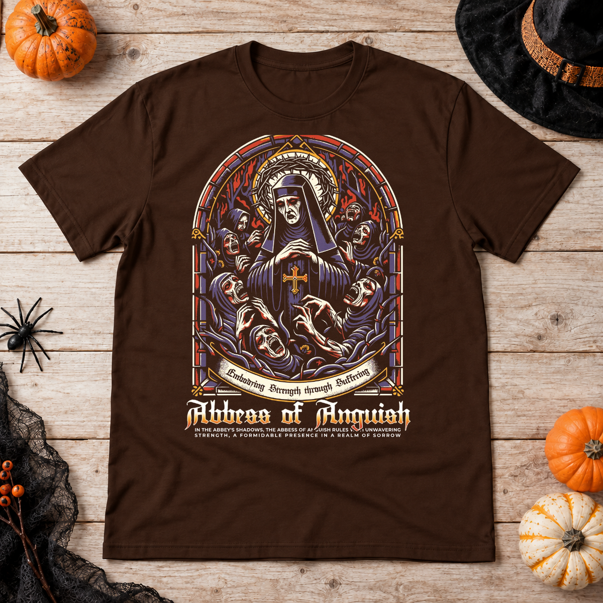 Abbes of Anguish T-Shirt – Classic Halloween Graphic Design Graphic Tee - Color: chocolate