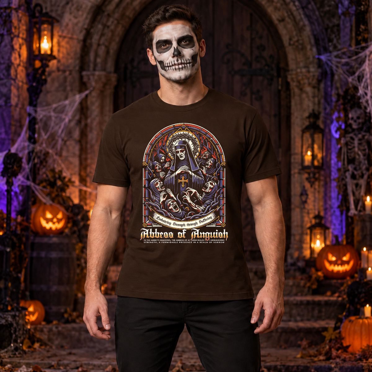 Abbes of Anguish T-Shirt – Classic Halloween Graphic Design Graphic Tee - Color: chocolate
