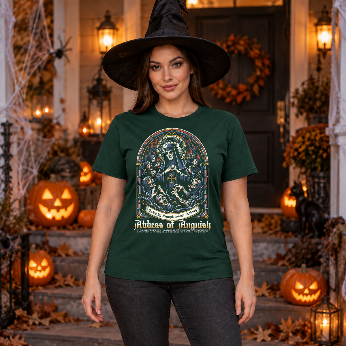 Abbes of Anguish T-Shirt – Classic Halloween Graphic Design Graphic Tee - Color: forest green