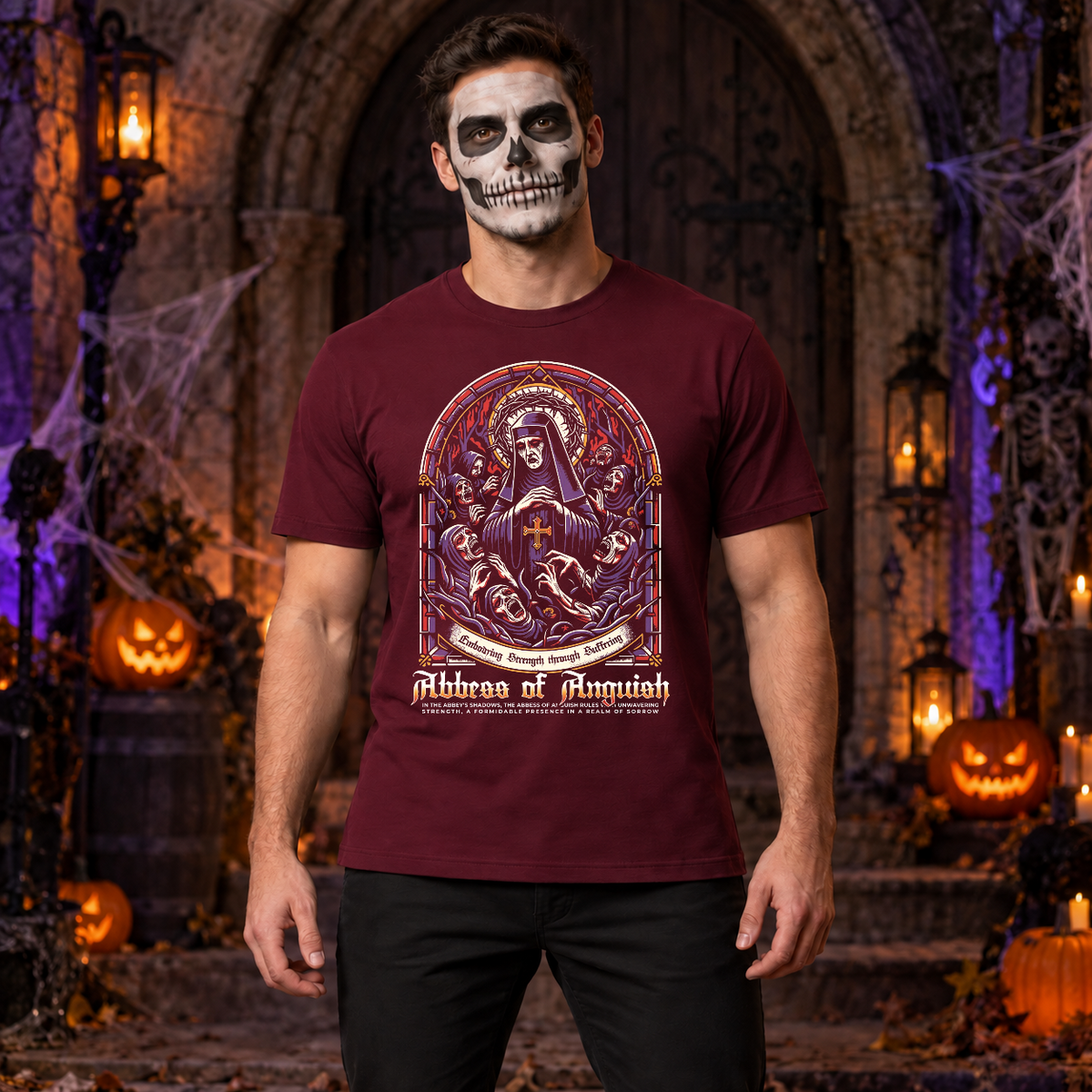 Abbes of Anguish T-Shirt – Classic Halloween Graphic Design Graphic Tee - Color: maroon