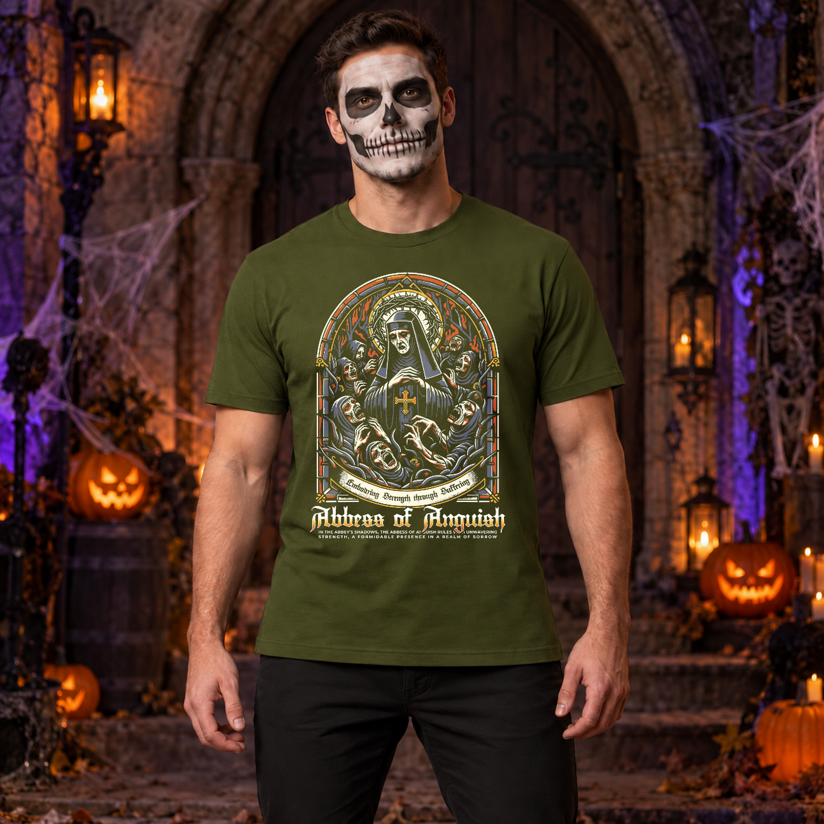 Abbes of Anguish T-Shirt – Classic Halloween Graphic Design Graphic Tee - Color: military green