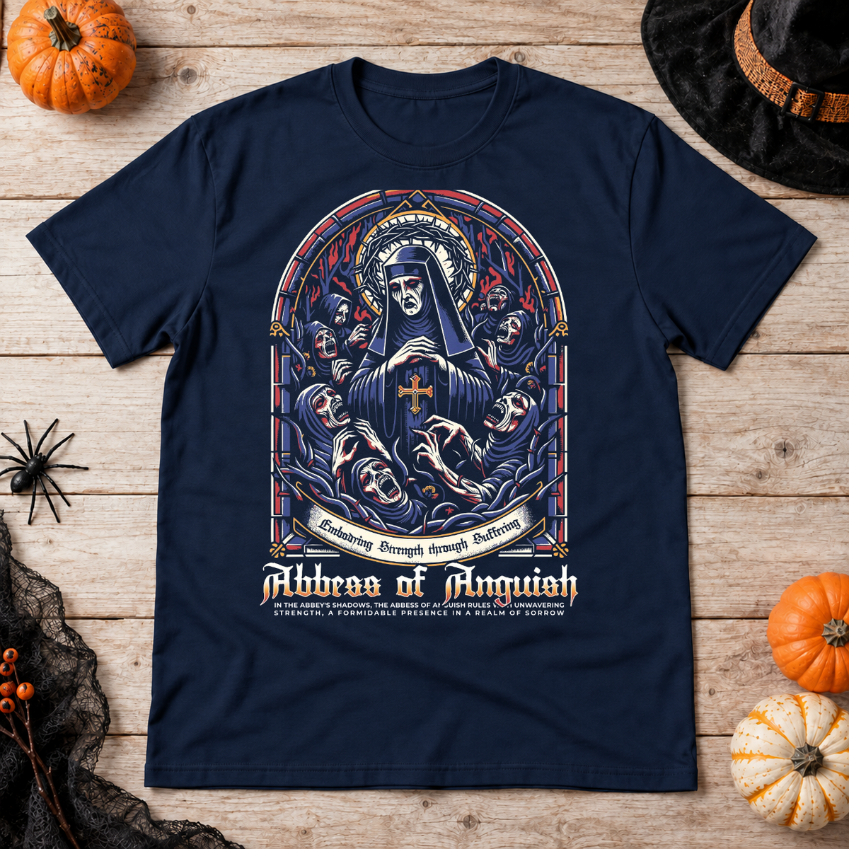 Abbes of Anguish T-Shirt – Classic Halloween Graphic Design Graphic Tee - Color: navy
