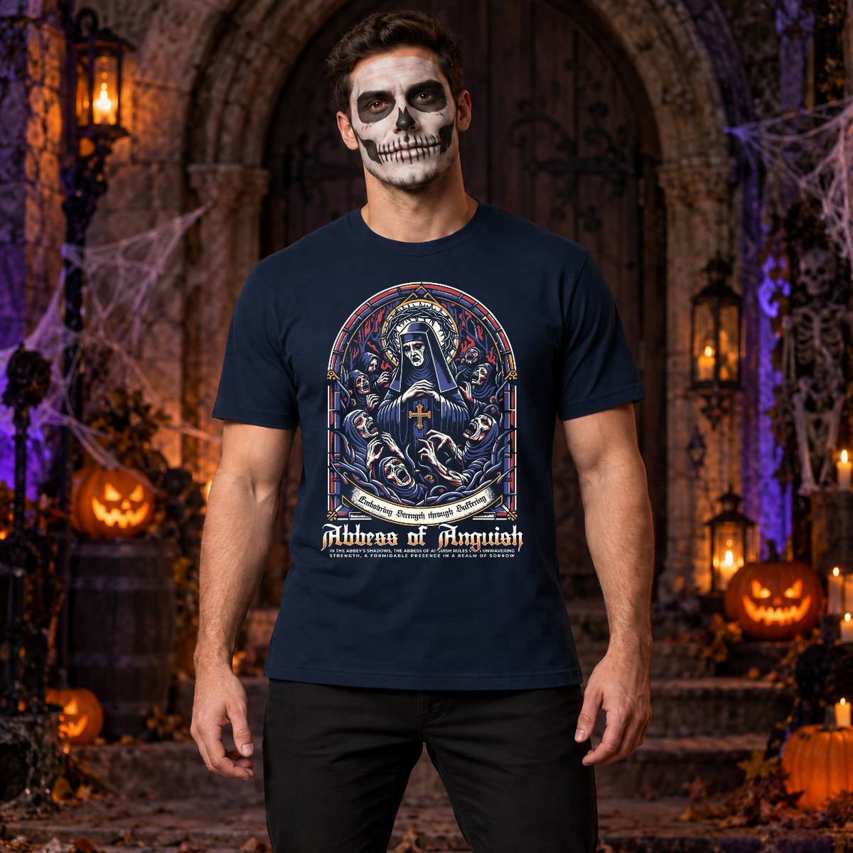 Abbes of Anguish T-Shirt – Classic Halloween Graphic Design Graphic Tee - Color: navy