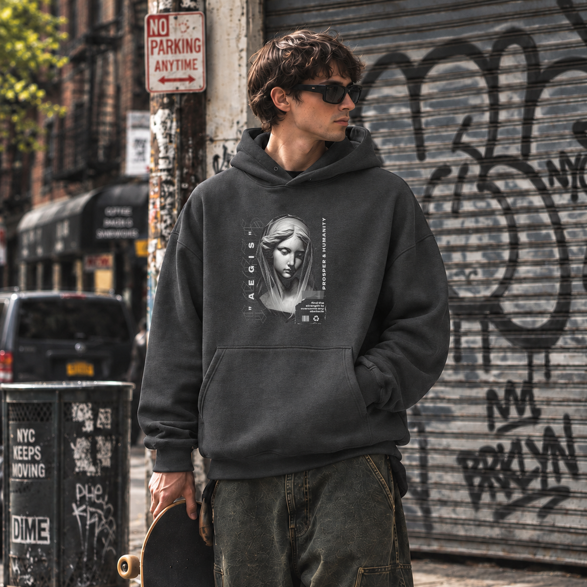 Aegis Bust Hoodie – Experimental Typography Graphic Hoodie - Color: dark heather