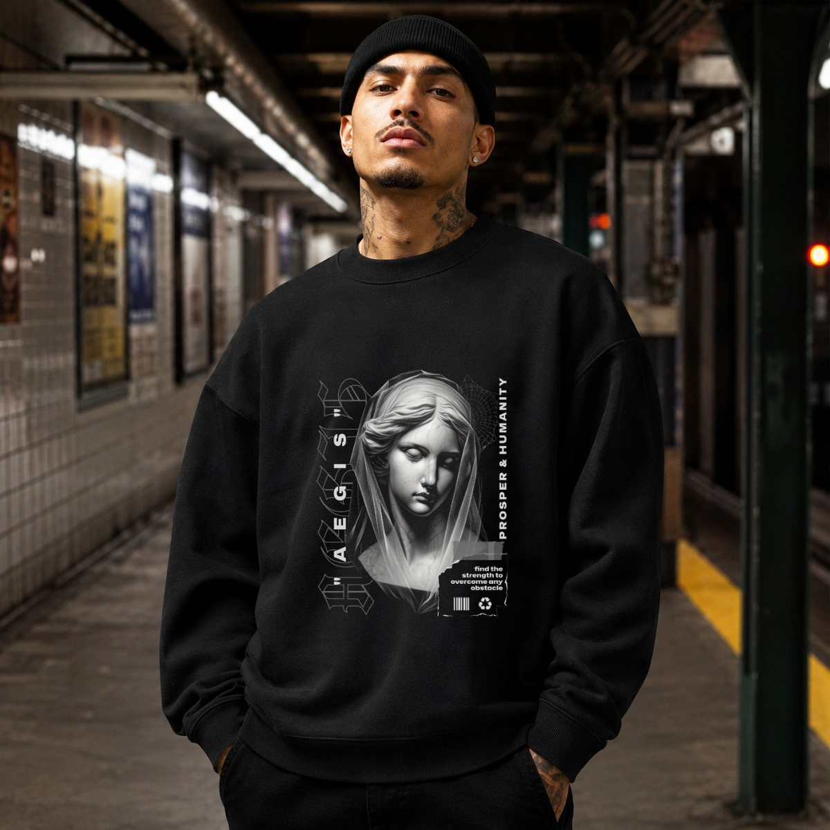 Aegis Bust Sweatshirt – Experimental Typography Graphic Sweatshirt - Color: black