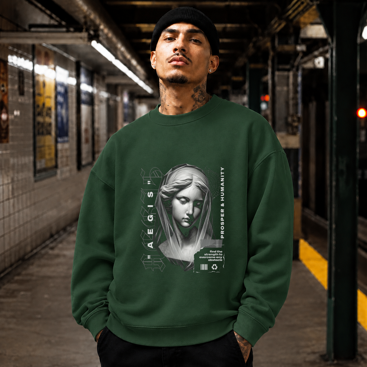 Aegis Bust Sweatshirt – Experimental Typography Graphic Sweatshirt - Color: forest green
