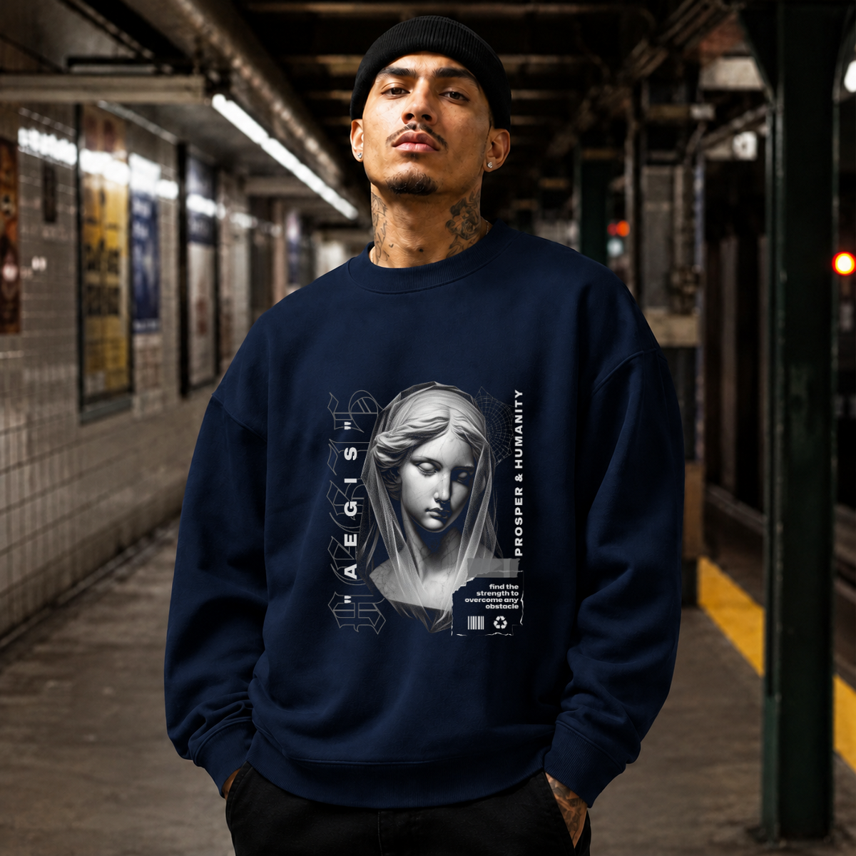 Aegis Bust Sweatshirt – Experimental Typography Graphic Sweatshirt - Color: navy