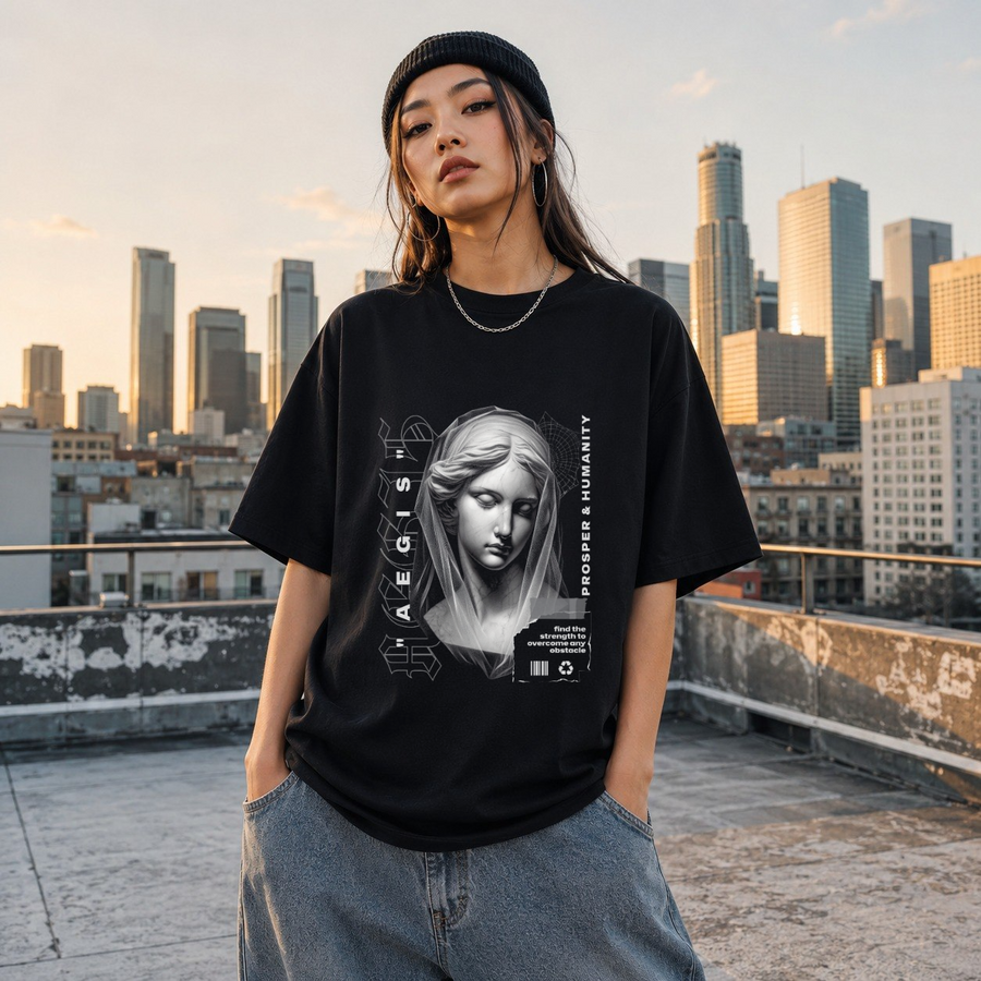 Aegis Bust T-Shirt – Experimental Typography Graphic Tee - Color: Black