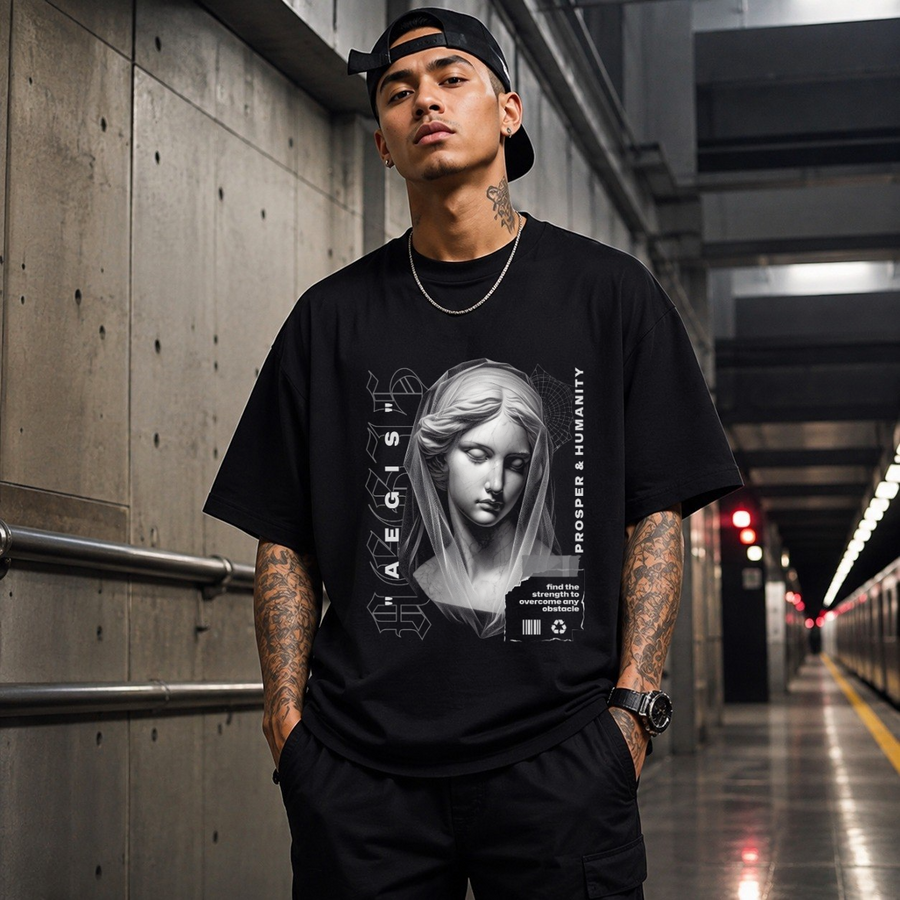 Aegis Bust T-Shirt – Experimental Typography Graphic Tee - Color: Black