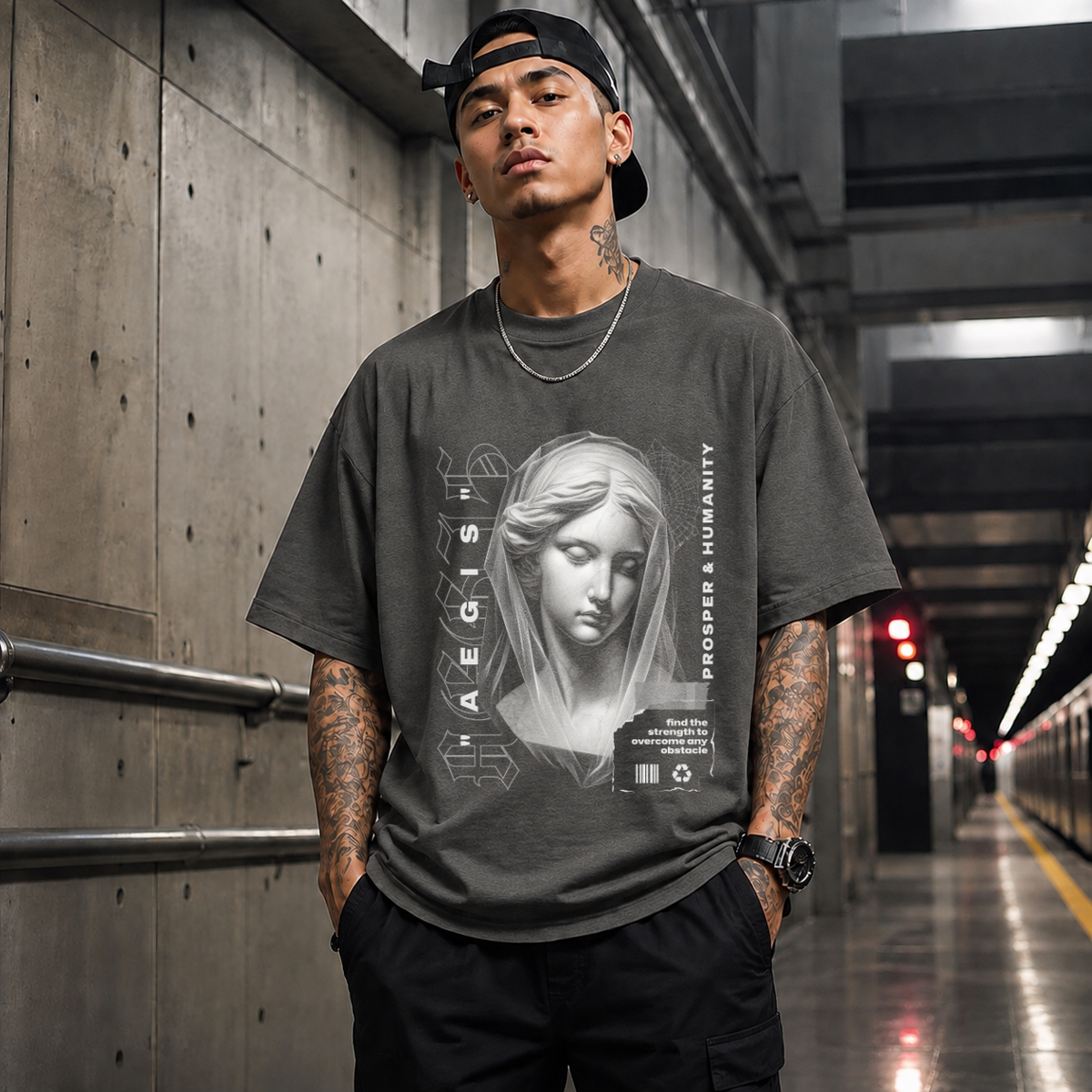 Aegis Bust T-Shirt – Experimental Typography Graphic Tee - Color: Dark Heather