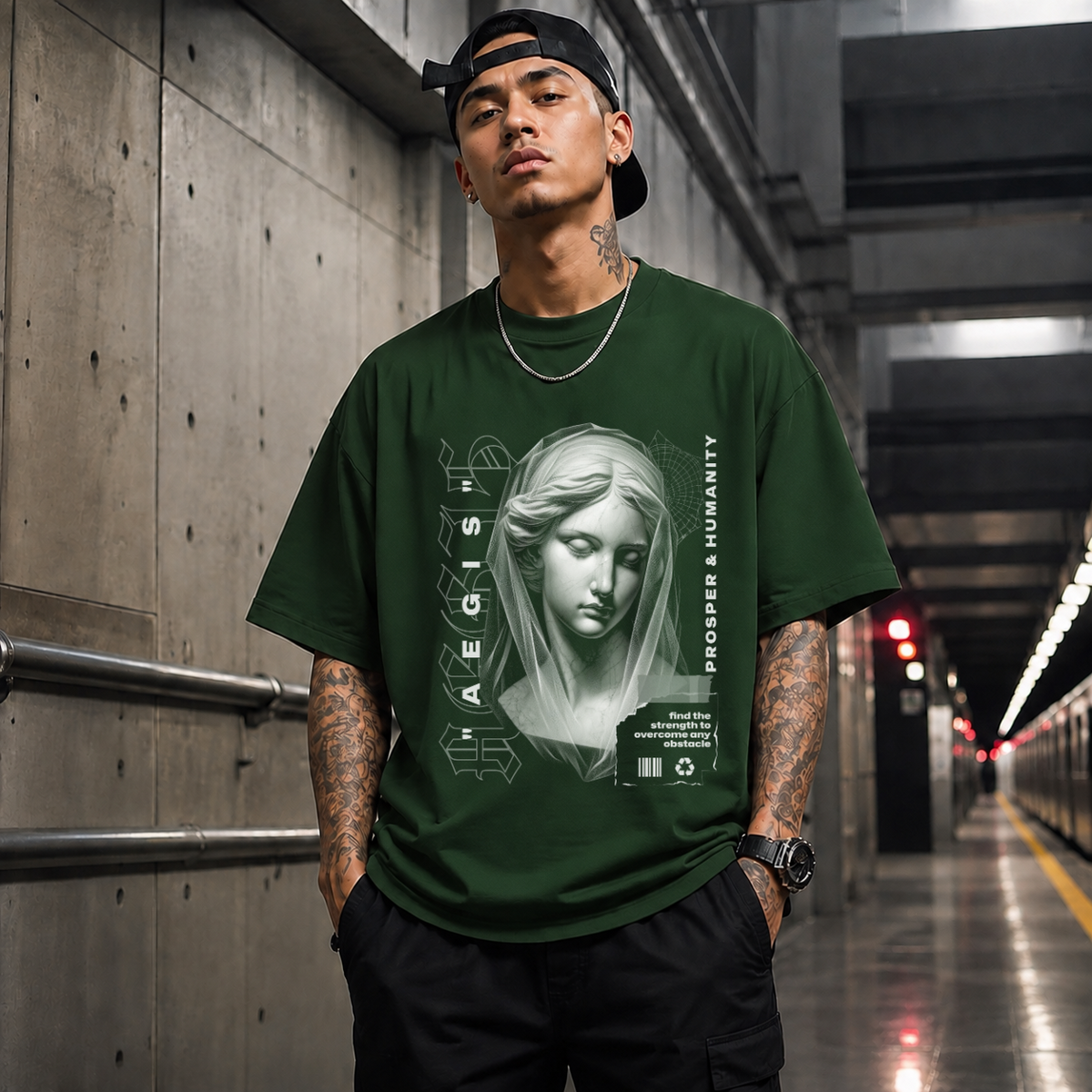 Aegis Bust T-Shirt – Experimental Typography Graphic Tee - Color: Forest Green