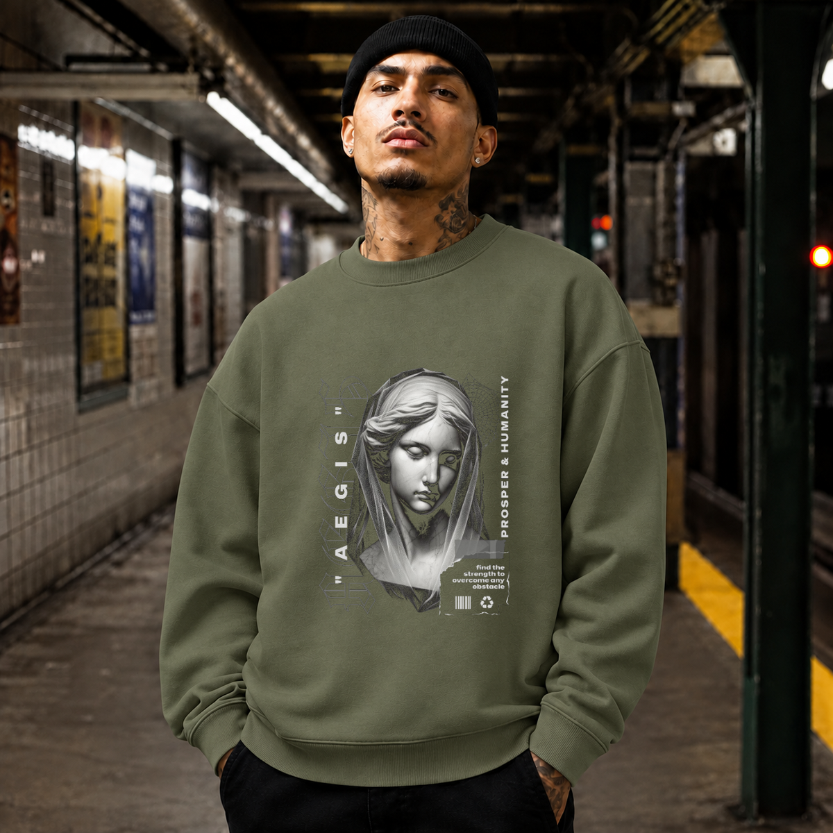 Aegis Bust T-Shirt – Experimental Typography Graphic Tee - Color: military green