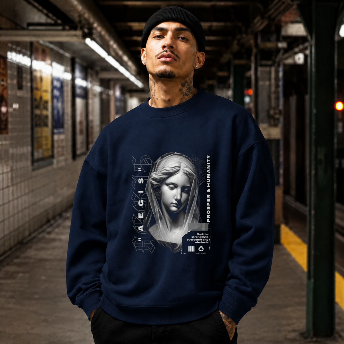 Aegis Bust T-Shirt – Experimental Typography Graphic Tee - Color: navy