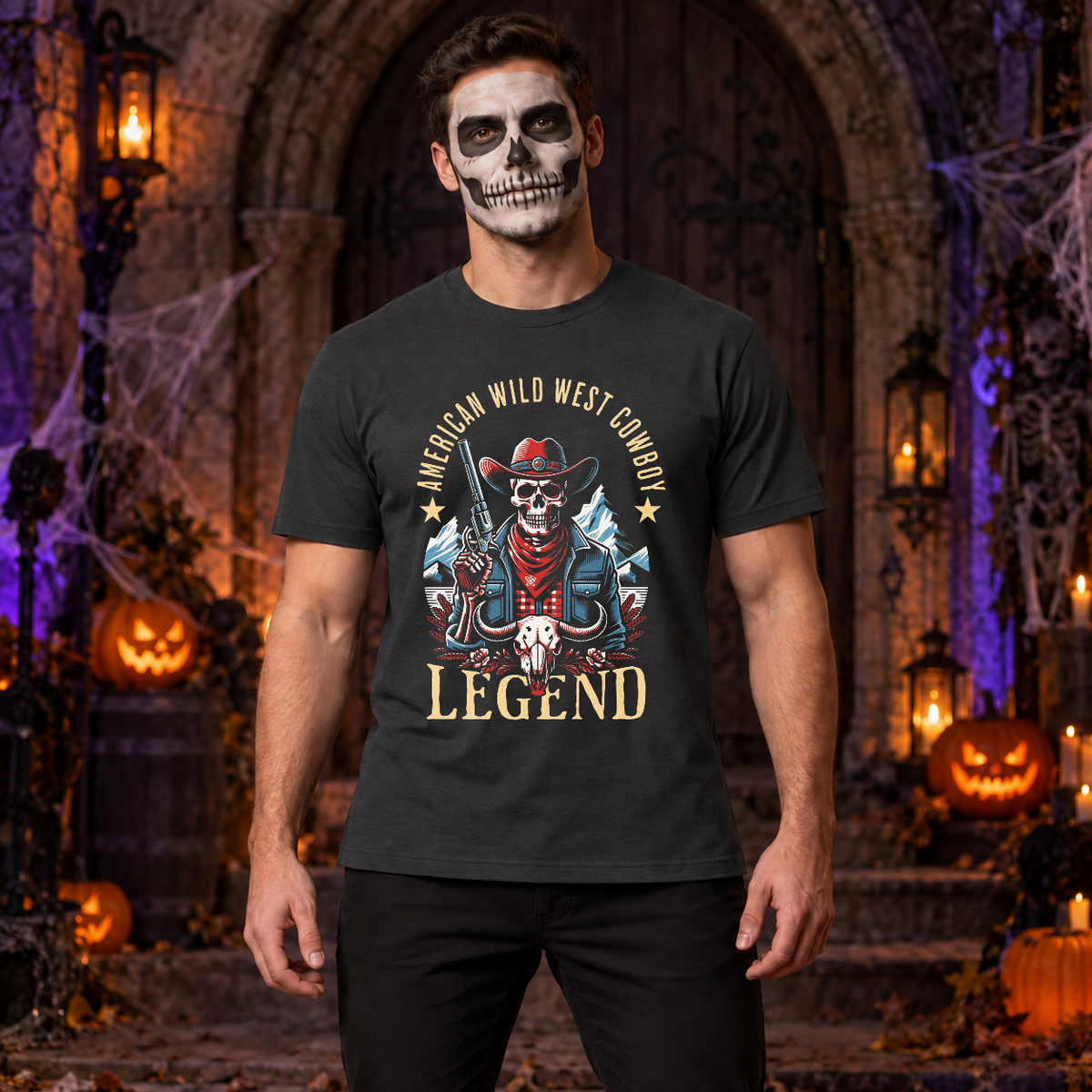 American Wild West Cowboy Legend T-Shirt – Dark Streetwear Graphic Design Graphic Tee - Color: charcoal