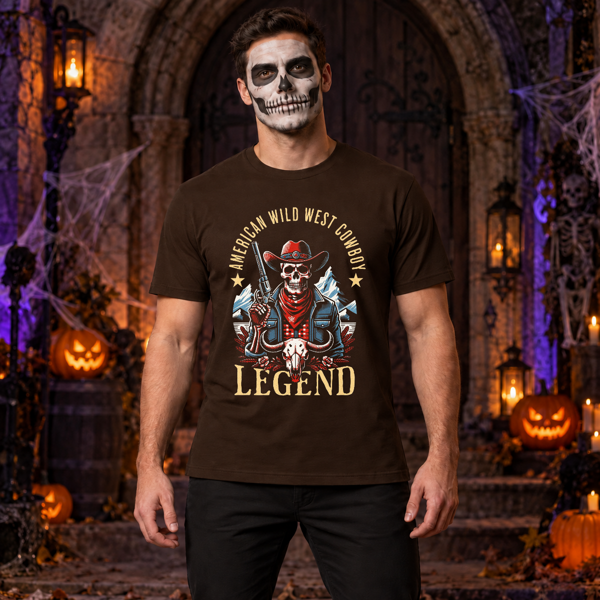 American Wild West Cowboy Legend T-Shirt – Dark Streetwear Graphic Design Graphic Tee - Color: chocolate