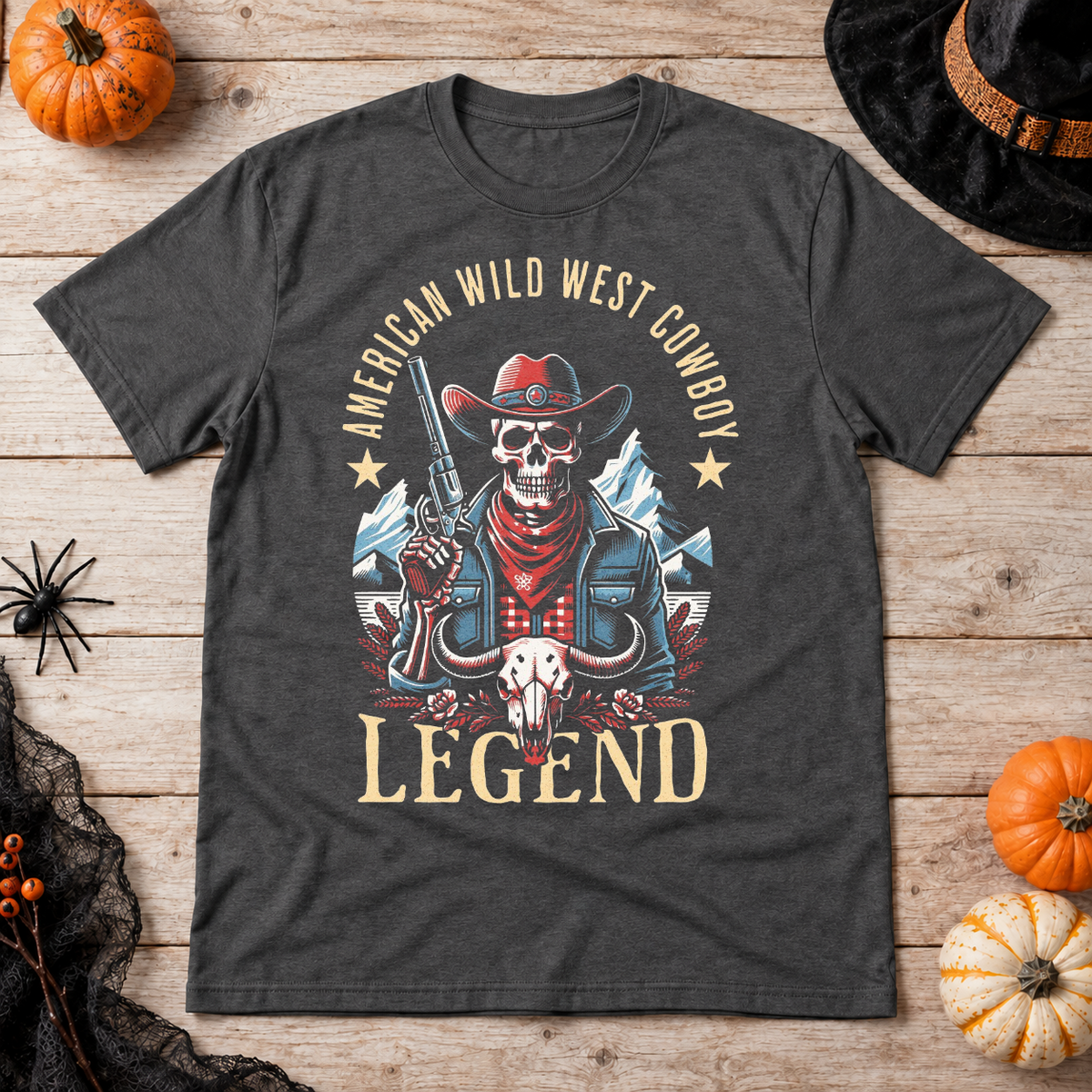 American Wild West Cowboy Legend T-Shirt – Dark Streetwear Graphic Design Graphic Tee - Color: dark heather