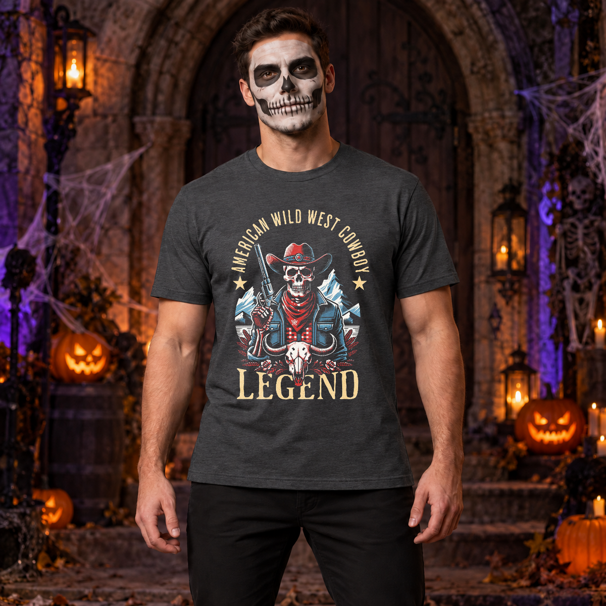 American Wild West Cowboy Legend T-Shirt – Dark Streetwear Graphic Design Graphic Tee - Color: dark heather