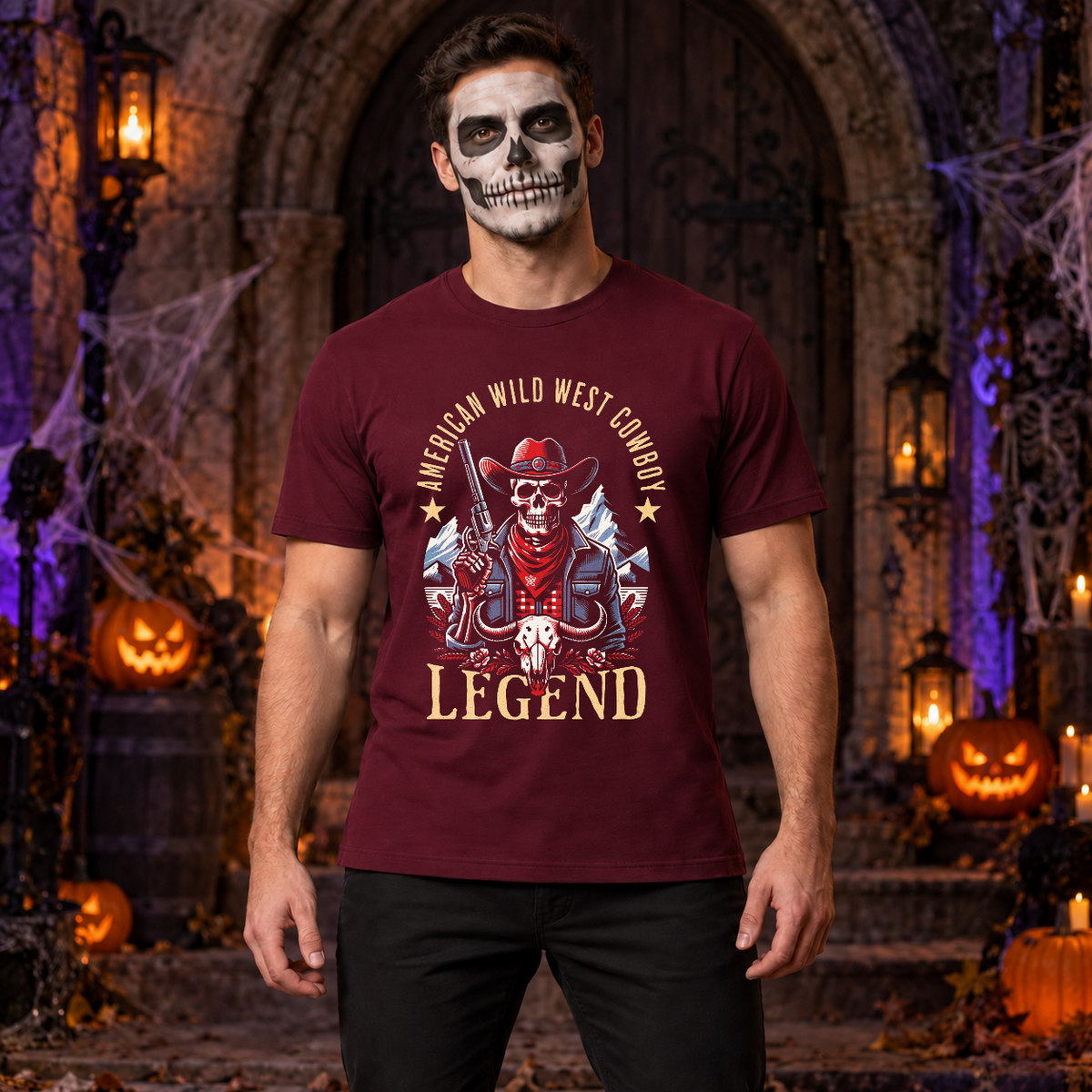 American Wild West Cowboy Legend T-Shirt – Dark Streetwear Graphic Design Graphic Tee - Color: maroon