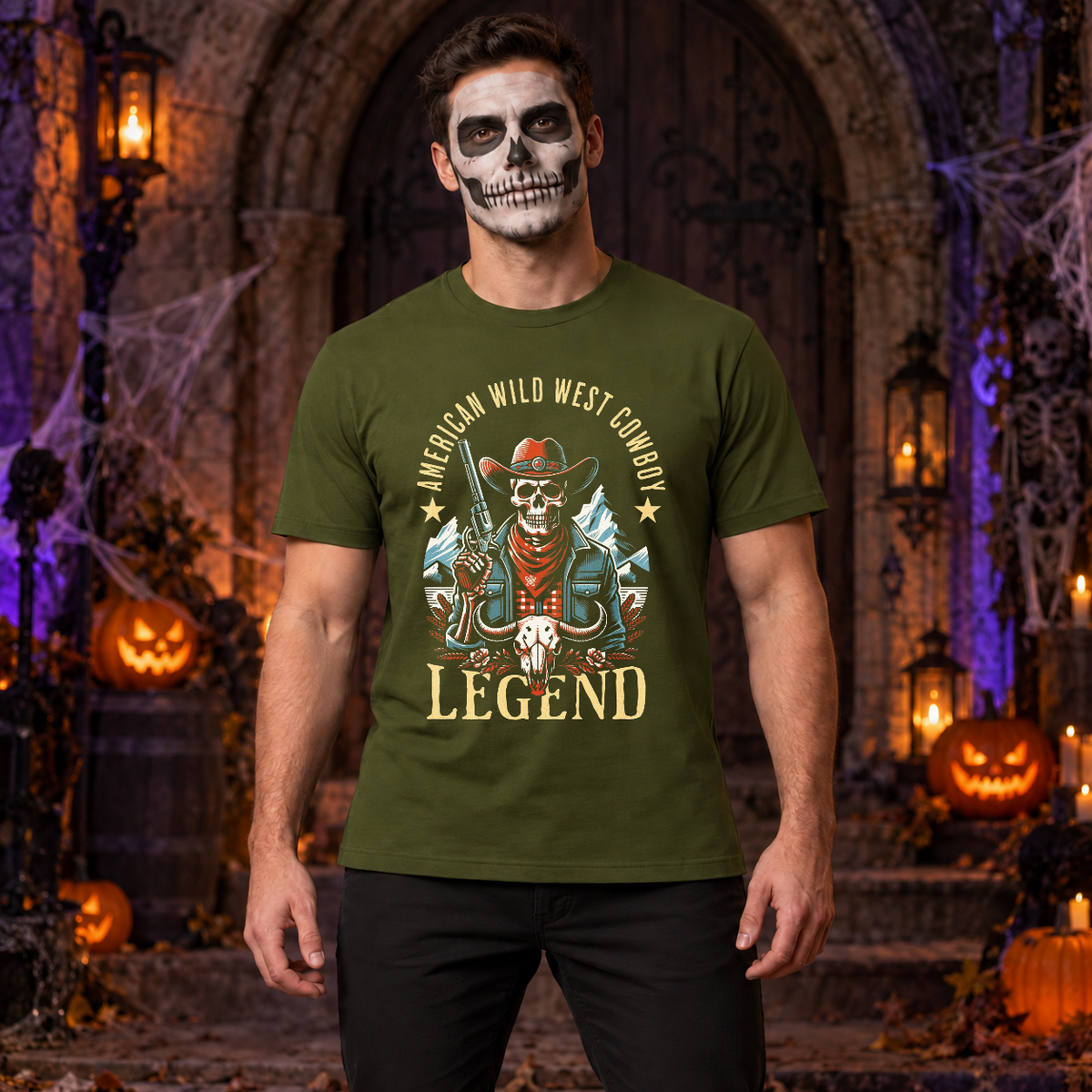 American Wild West Cowboy Legend T-Shirt – Dark Streetwear Graphic Design Graphic Tee - Color: military green