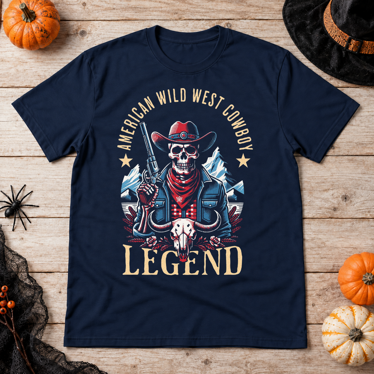 American Wild West Cowboy Legend T-Shirt – Dark Streetwear Graphic Design Graphic Tee - Color: navy