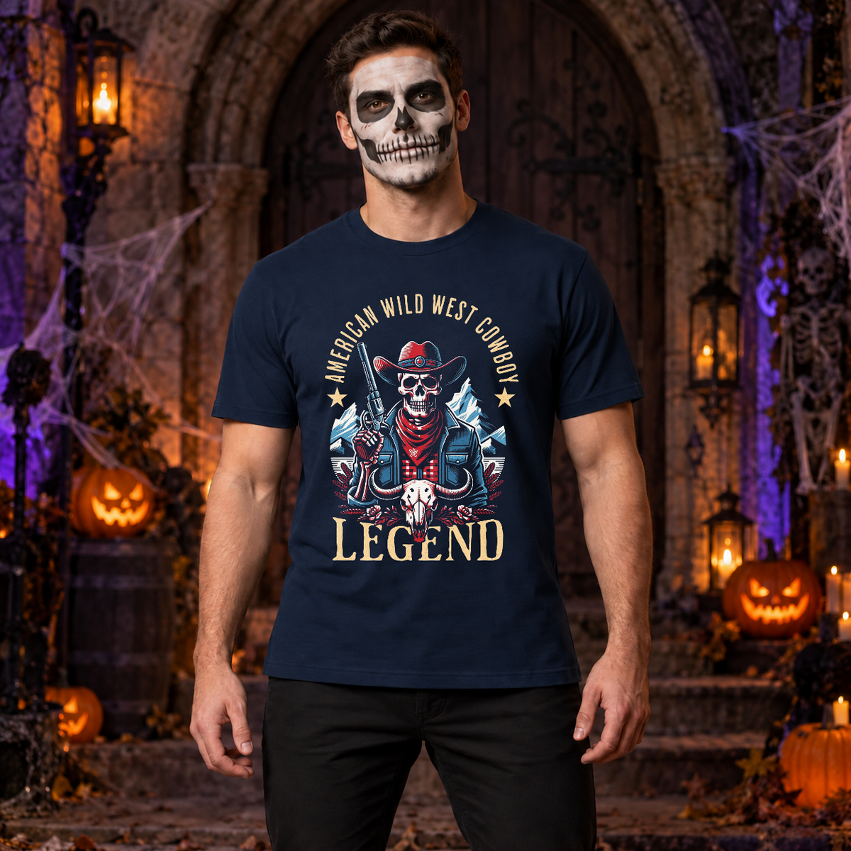 American Wild West Cowboy Legend T-Shirt – Dark Streetwear Graphic Design Graphic Tee - Color: navy