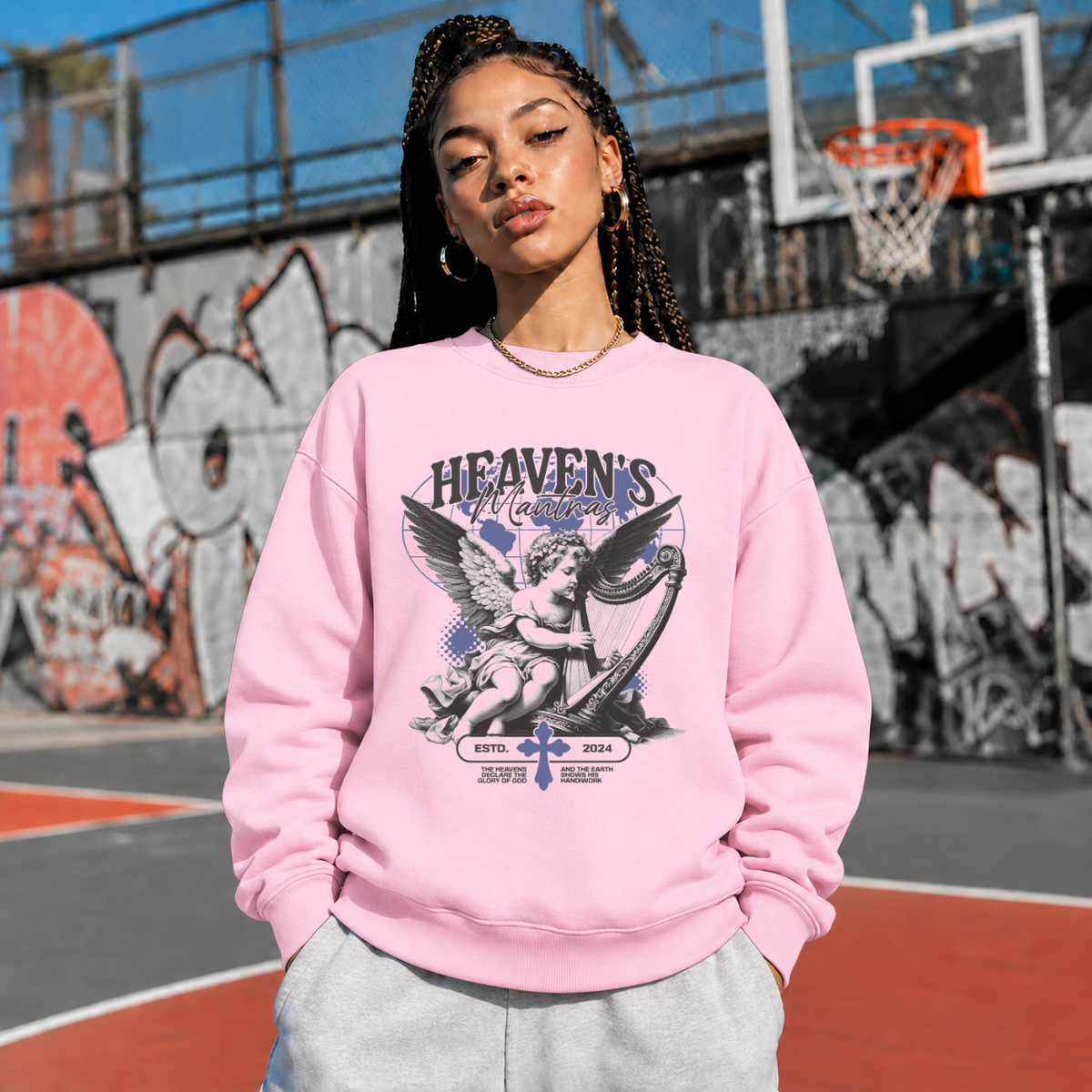 Angel Graphic Heaven's Harmony Cherub Harp T-Shirt – Religious Imagery Collage Graphic Tee - Color: light pink