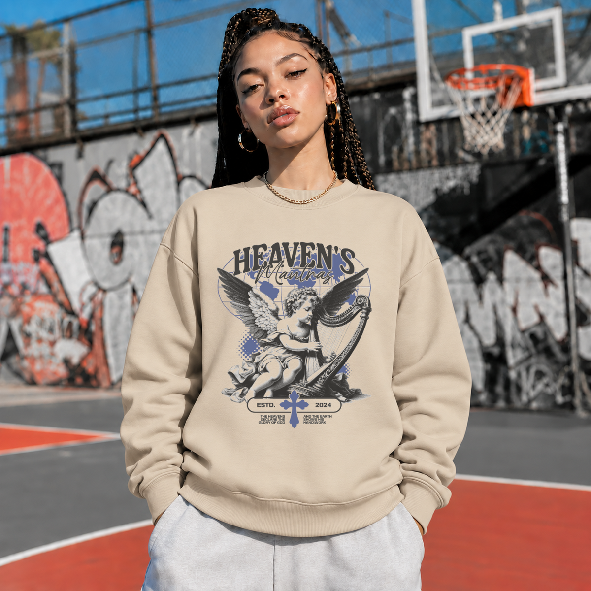 Angel Graphic Heaven's Harmony Cherub Harp T-Shirt – Religious Imagery Collage Graphic Tee - Color: sand