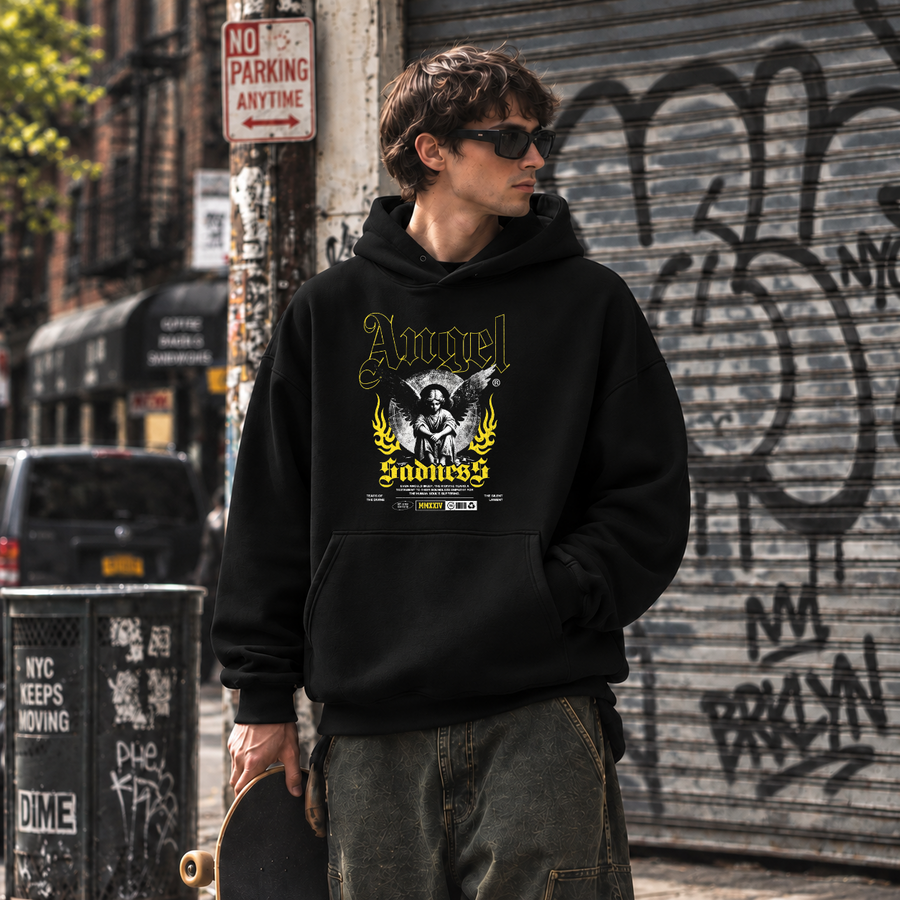 Angel Sadness Flame Hoodie – Gothic Streetwear Poster Graphic Hoodie - Color: black