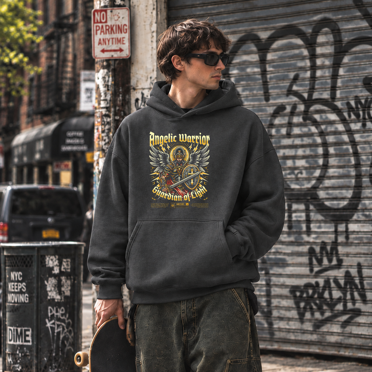 Angelic Warrior Guardian of Light Hoodie – Gothic Streetwear Poster Graphic Hoodie - Color: dark heather