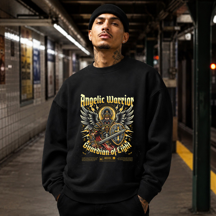 Angelic Warrior Guardian of Light Sweatshirt – Gothic Streetwear Poster Graphic Sweatshirt - Color: black