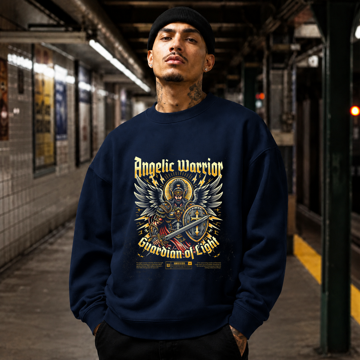 Angelic Warrior Guardian of Light Sweatshirt – Gothic Streetwear Poster Graphic Sweatshirt - Color: navy