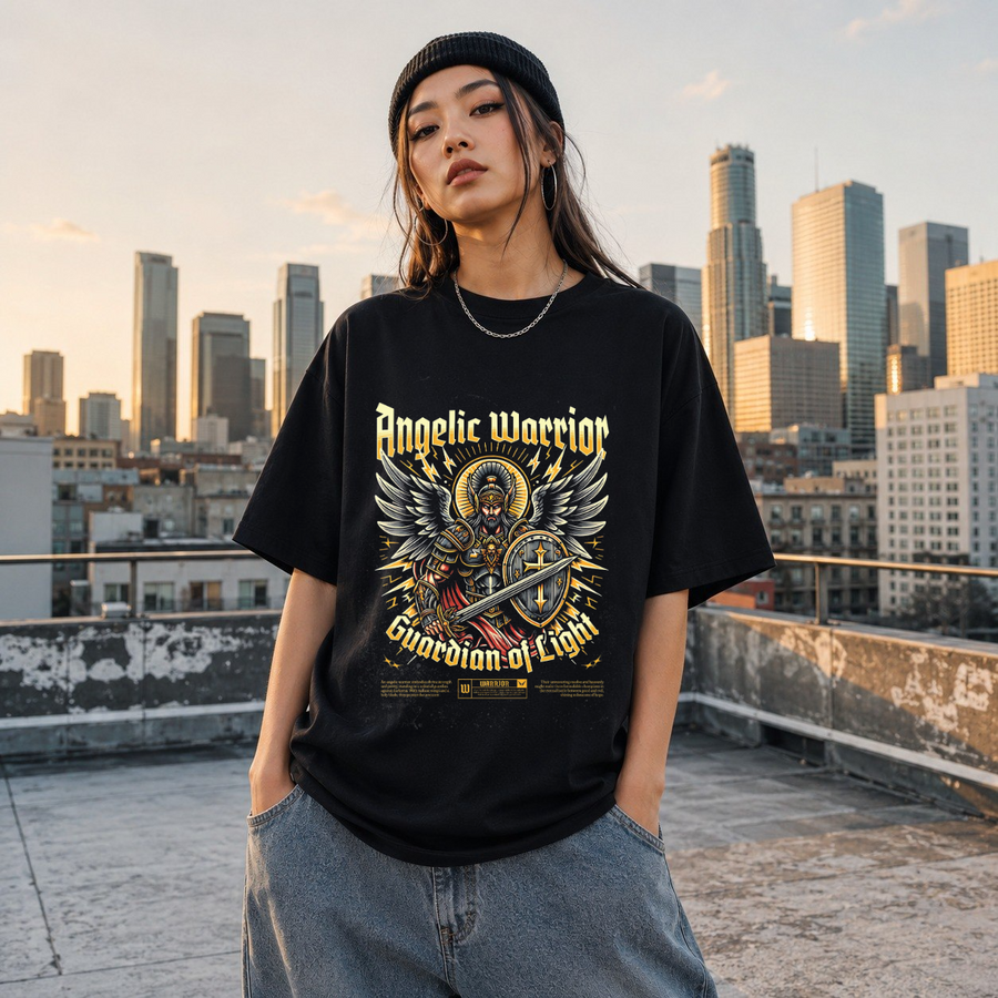 Angelic Warrior Guardian of Light T-Shirt – Gothic Streetwear Poster Graphic Tee - Color: Black