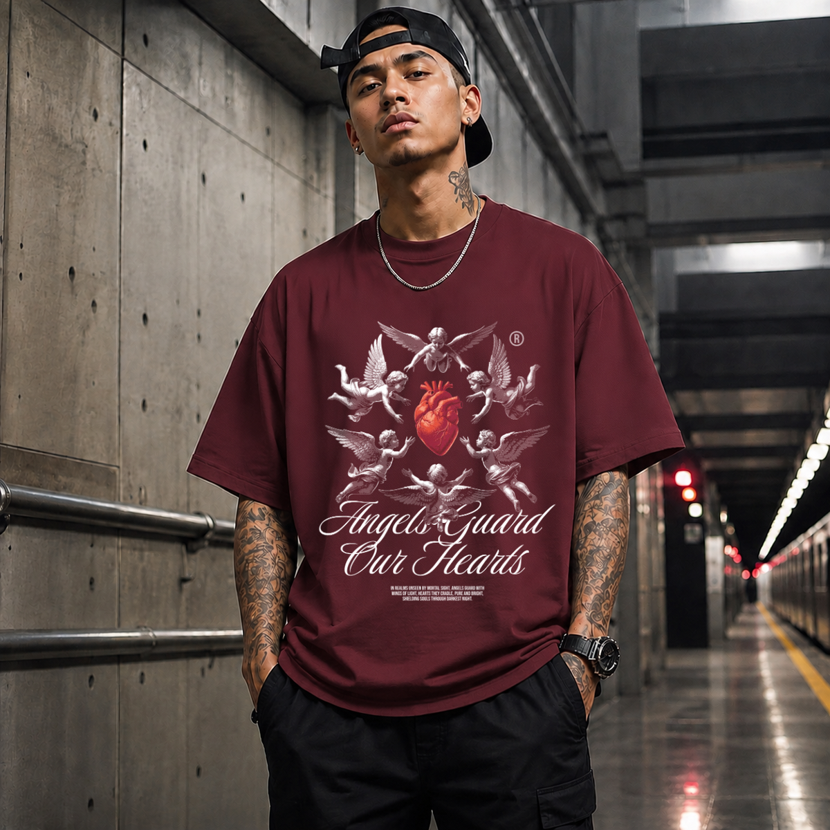 Angels Guard Our Hearts Cherub T-Shirt – Religious Imagery Collage Graphic Tee - Color: Maroon
