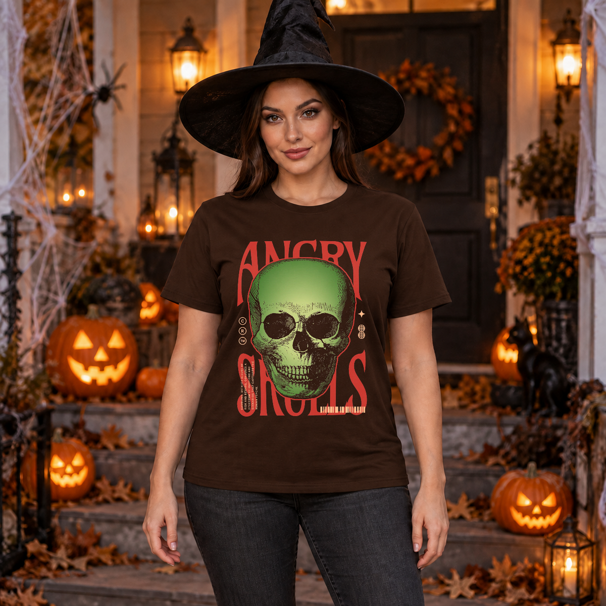 Angry Skulls T-Shirt – Skull & Reaper Gothic Graphic Graphic Tee - Color: chocolate