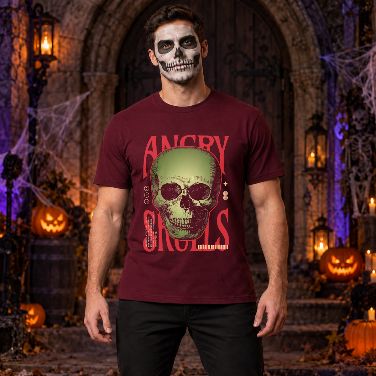 Angry Skulls T-Shirt – Skull & Reaper Gothic Graphic Graphic Tee - Color: maroon