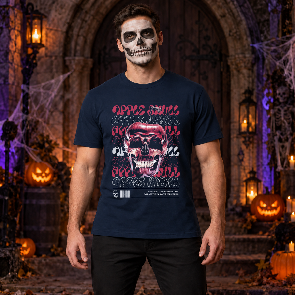 Apple Skull T-Shirt – Skull & Reaper Gothic Graphic Graphic Tee - Color: navy