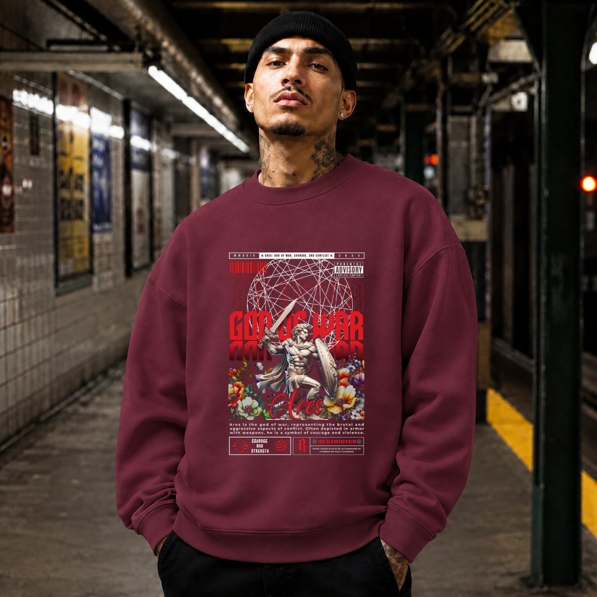 Ares Olympus God of War Sweatshirt – Dark Art / Renaissance Aesthetic Graphic Sweatshirt - Color: maroon