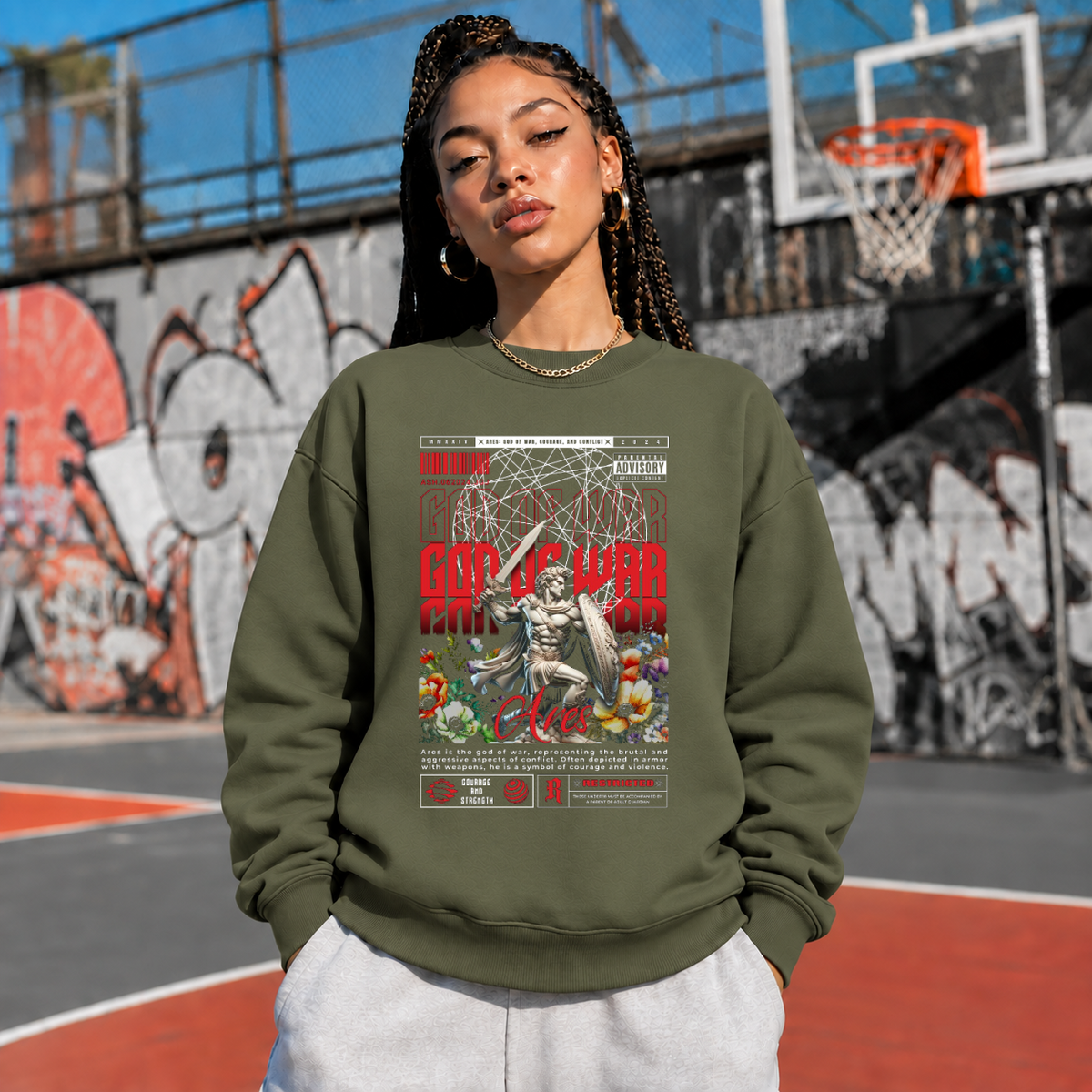 Ares Olympus God of War Sweatshirt – Dark Art / Renaissance Aesthetic Graphic Sweatshirt - Color: military green