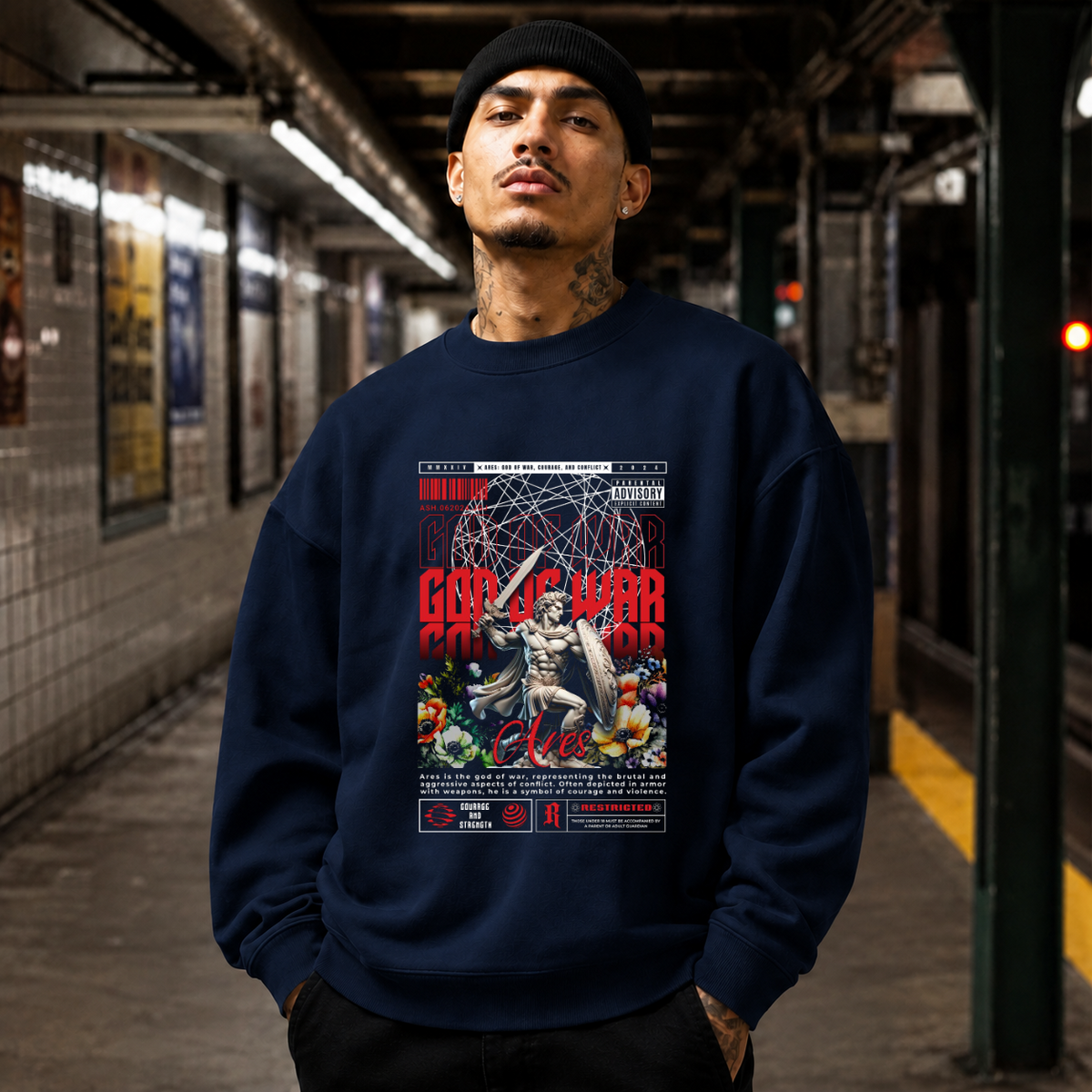 Ares Olympus God of War Sweatshirt – Dark Art / Renaissance Aesthetic Graphic Sweatshirt - Color: navy
