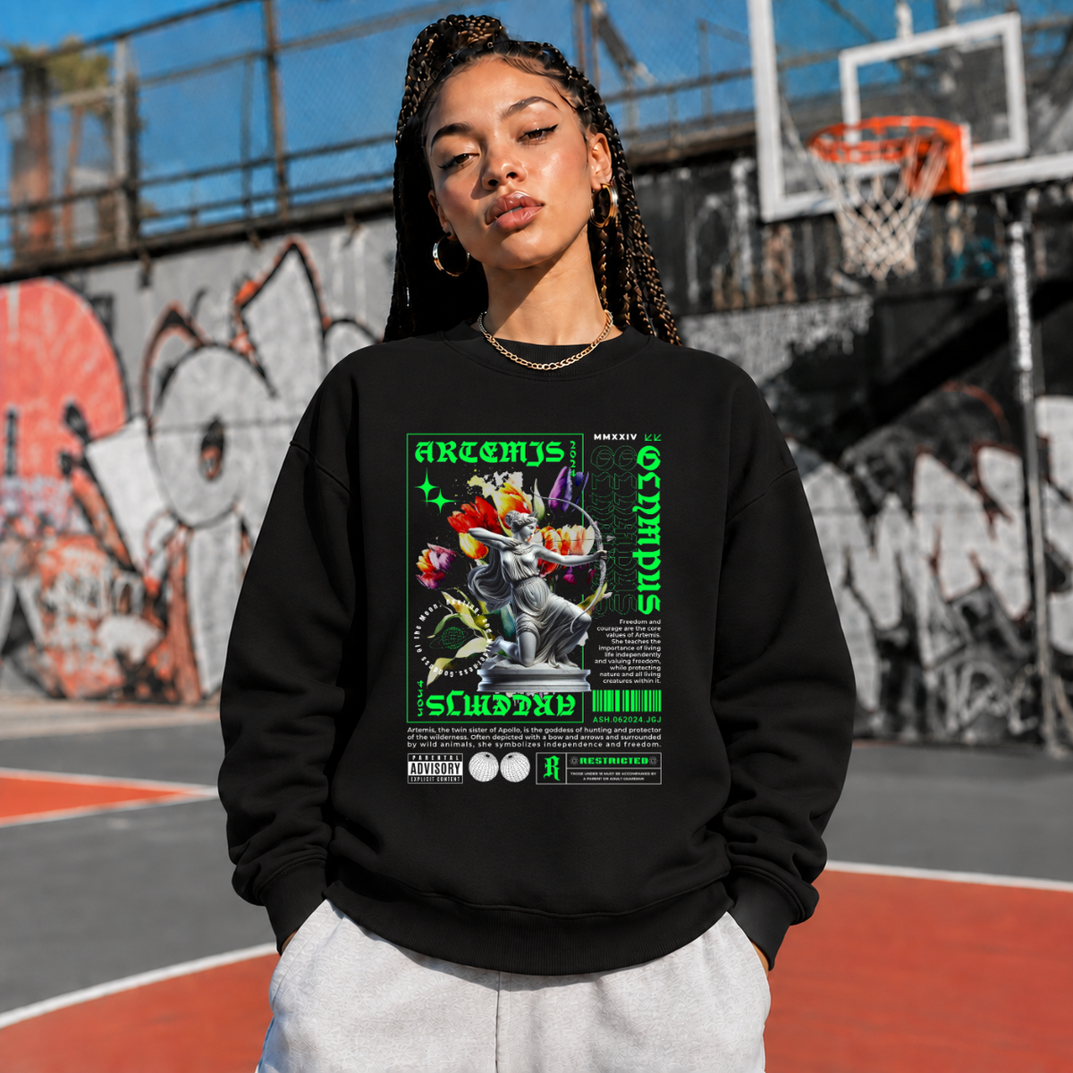 Artemis Olympus Sweatshirt – Religious Imagery Collage Graphic Sweatshirt - Color: black