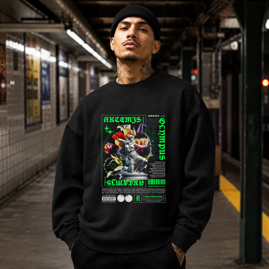 Artemis Olympus Sweatshirt – Religious Imagery Collage Graphic Sweatshirt - Color: black