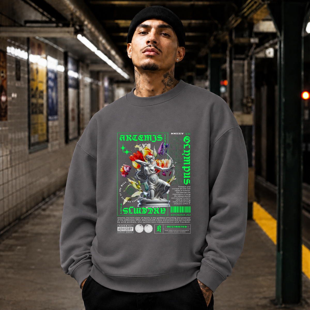 Artemis Olympus Sweatshirt – Religious Imagery Collage Graphic Sweatshirt - Color: charcoal