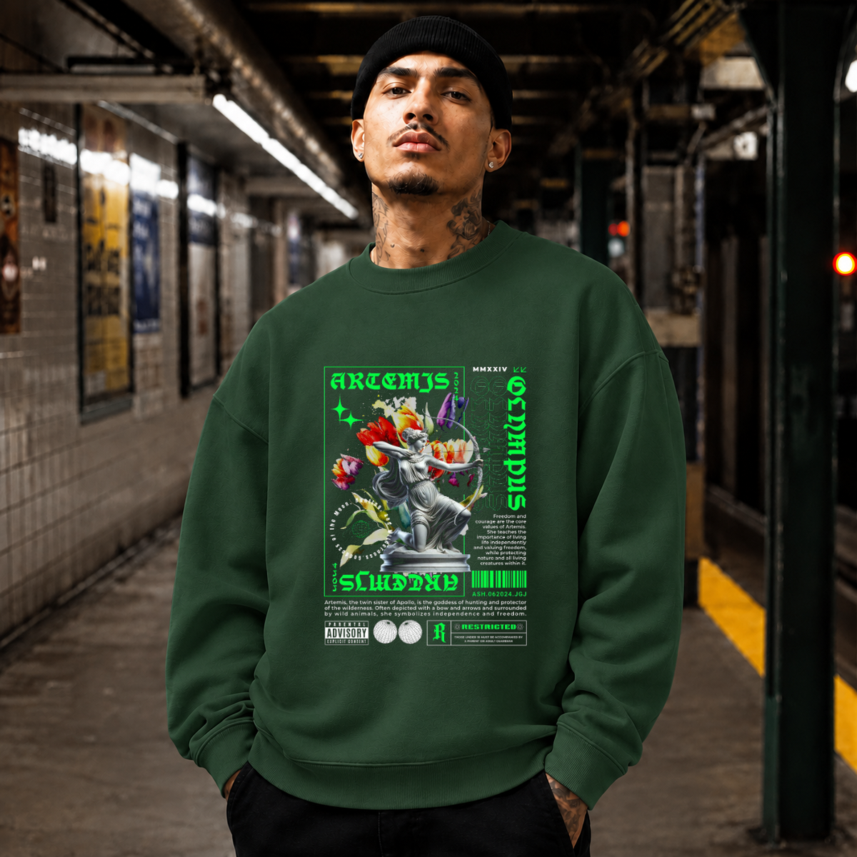 Artemis Olympus Sweatshirt – Religious Imagery Collage Graphic Sweatshirt - Color: forest green