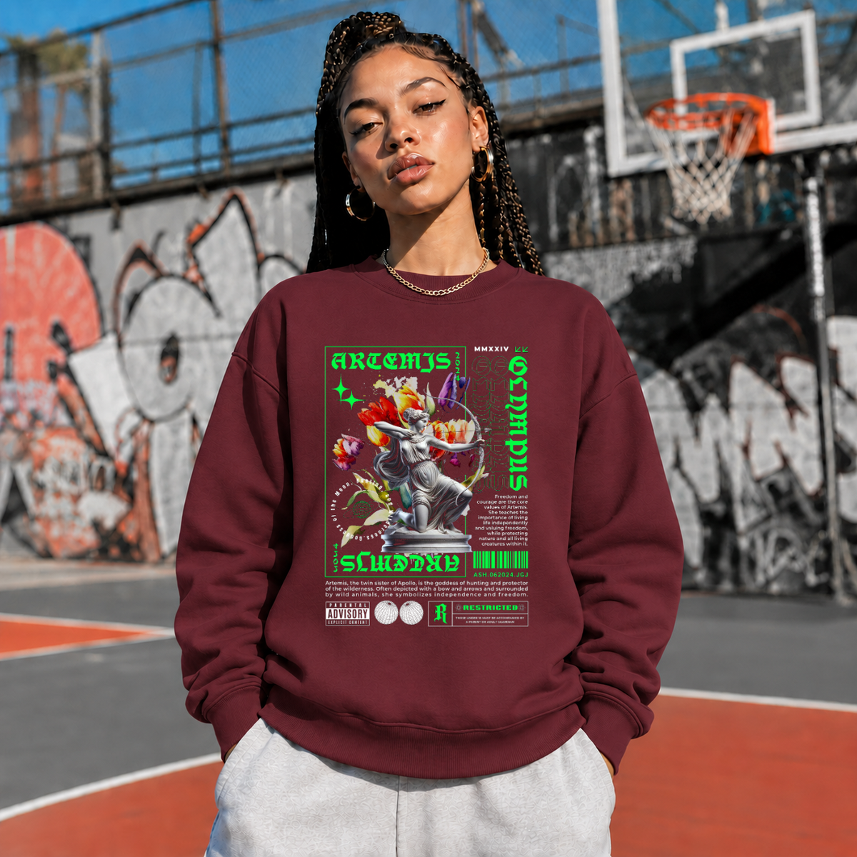 Artemis Olympus Sweatshirt – Religious Imagery Collage Graphic Sweatshirt - Color: maroon