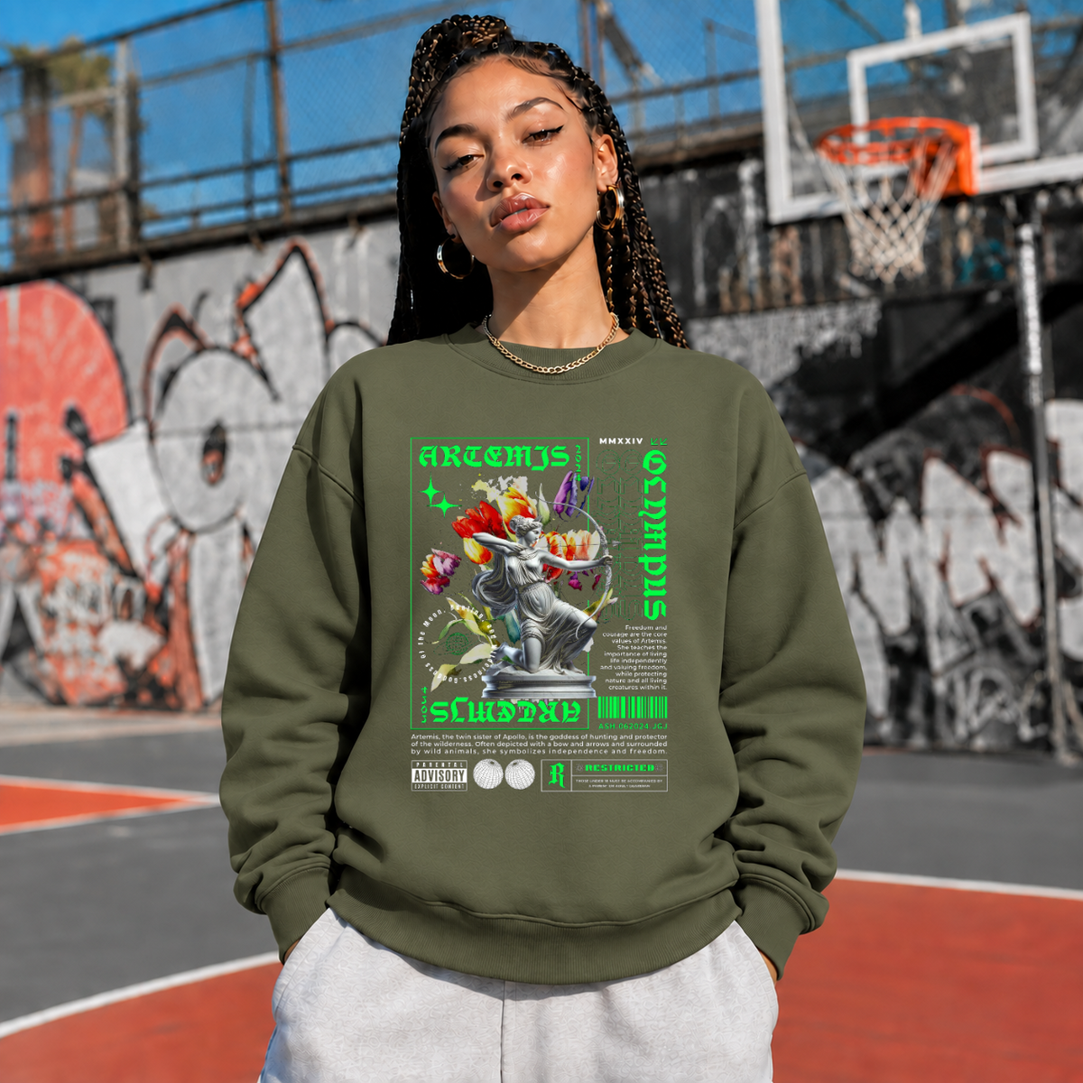 Artemis Olympus Sweatshirt – Religious Imagery Collage Graphic Sweatshirt - Color: military green