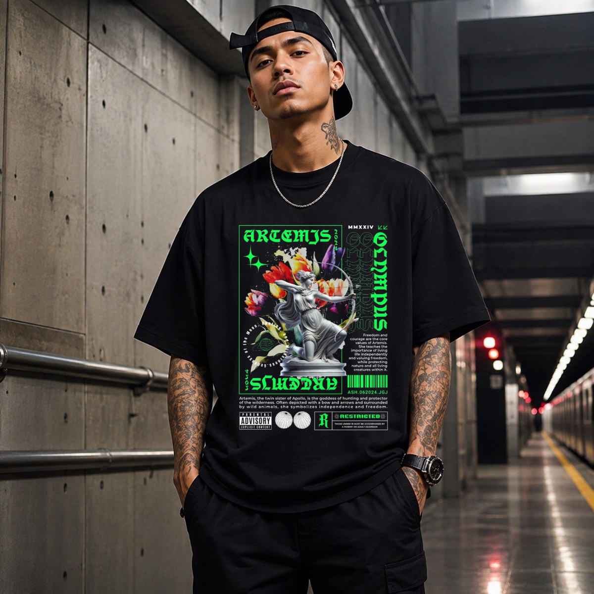Artemis Olympus T-Shirt – Religious Imagery Collage Graphic Tee - Color: Black