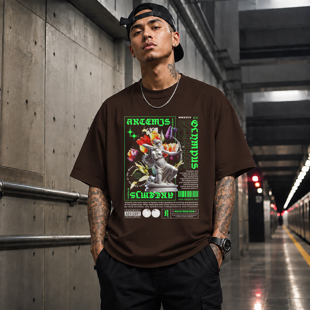 Artemis Olympus T-Shirt – Religious Imagery Collage Graphic Tee - Color: Dark Chocolate