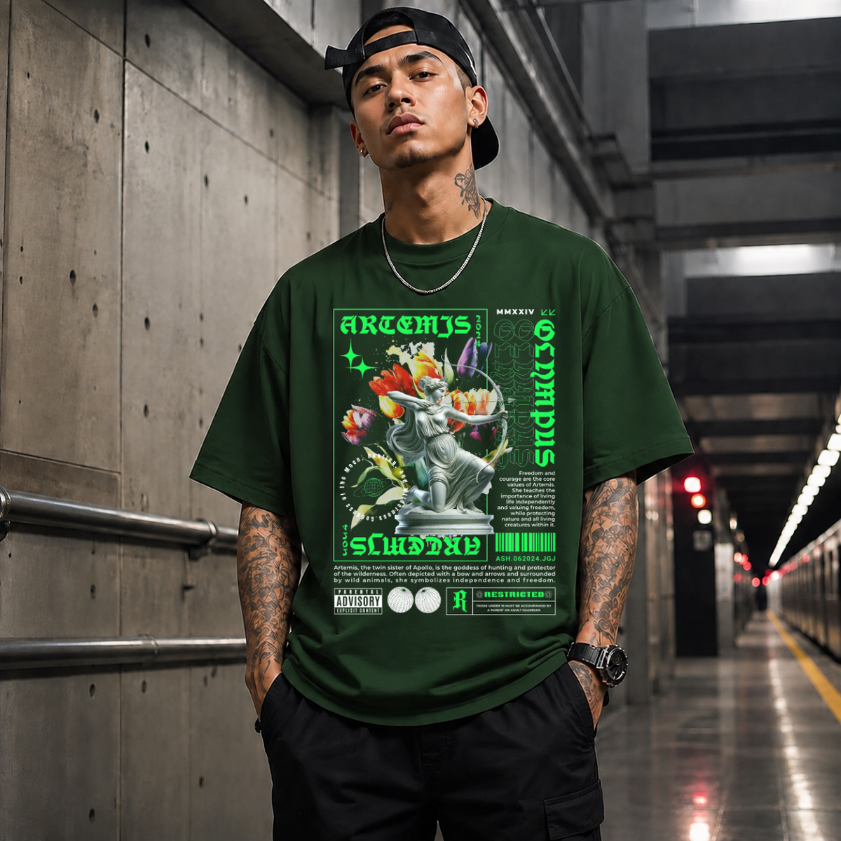 Artemis Olympus T-Shirt – Religious Imagery Collage Graphic Tee - Color: Forest Green